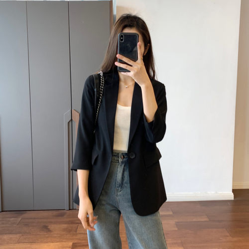 时髦薄款七分袖醋酸小西装外套