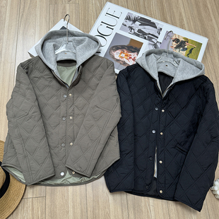 西班牙D~秋冬款宽松可拆卸连帽圆领长袖菱形格绗缝棉服夹克外套女