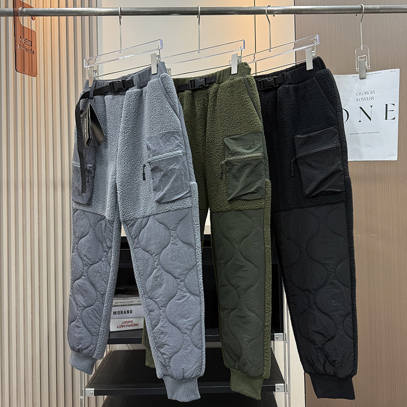 户外机能！男女款冬季加厚保暖夹棉防风羊羔绒拼接棉裤束脚工装裤