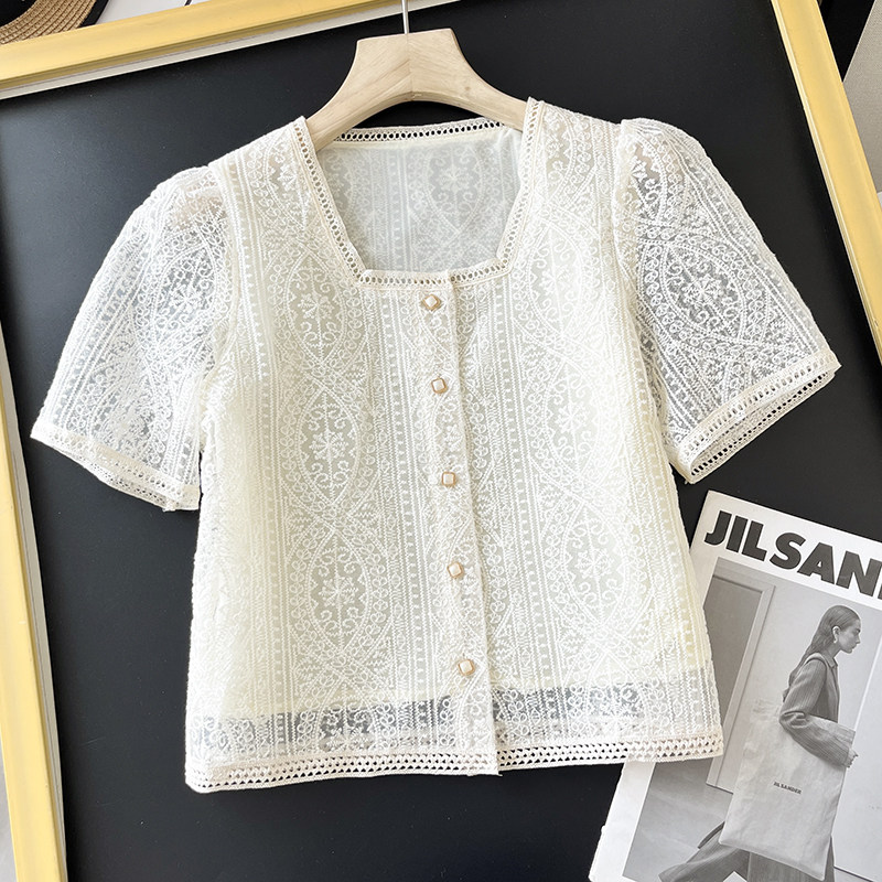 篙端重工刺绣钩花法风蕾丝方领花边短袖衬衫上衣女夏