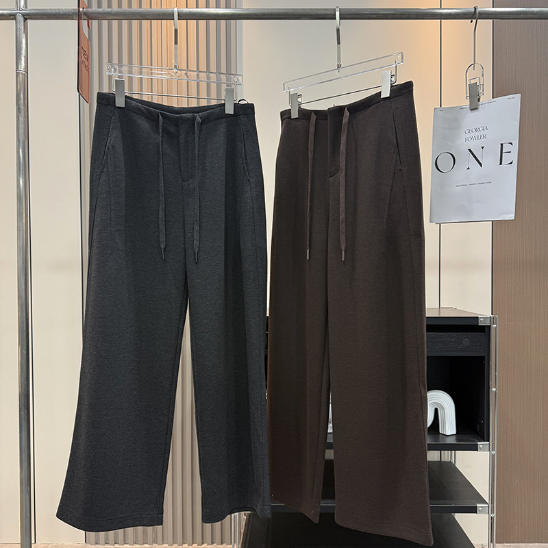 老钱风！冬季新品真丝羊绒醋酸加厚保暖休闲直筒阔腿裤毛呢裤女