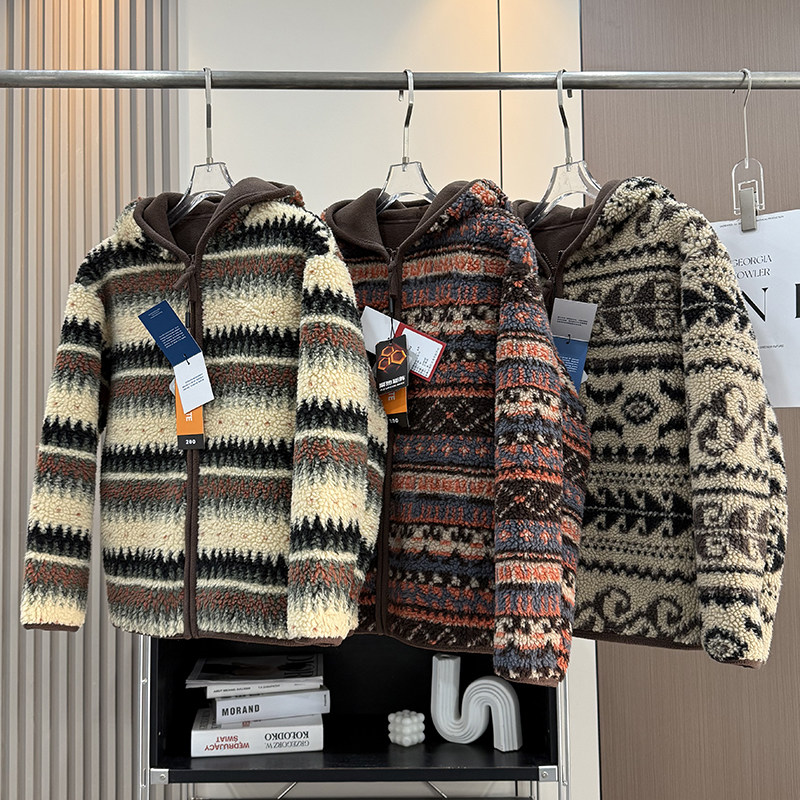 大厂订单！复古费尔岛双面摇粒绒加厚保暖羊羔绒连帽毛毛外套女冬