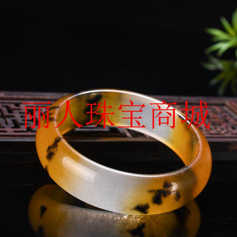 黄龙玉手镯扁宽版玉石镯子鸡油黄黑水草花飘黄玉手镯女款饰品送礼