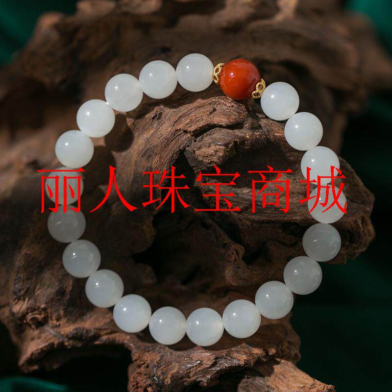 新疆和田玉羊脂白玉手链老坑籽料民族风圆珠单圈配朱砂单珠手串