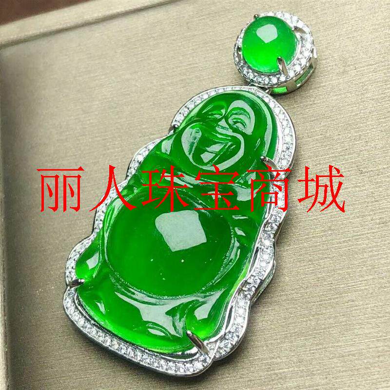 缅甸翡翠色佛公吊坠镶嵌款高冰种满色阳绿站佛如意玉坠圆润百搭款