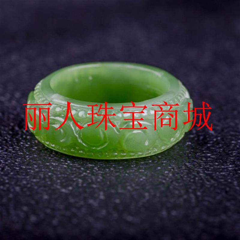 精品新疆和田玉碧玉戒指菠菜绿碧玉雕花戒指男女款玉戒指扳指饰品