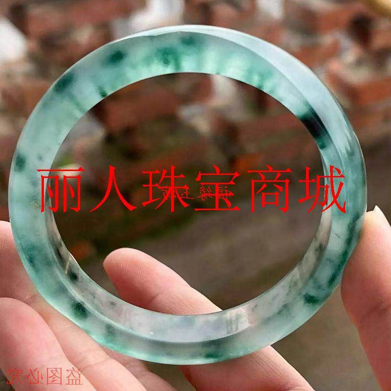 缅甸翡翠色手镯高品质冰种飘蓝花玉镯正圈飘花圆条贵妃镯女款饰品