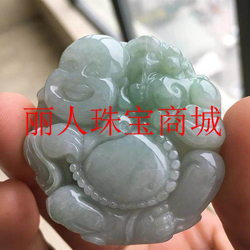 缅甸翡翠色民族风玉佛公毛衣链挂绳项链吊坠女款圆珠链弥勒佛挂件