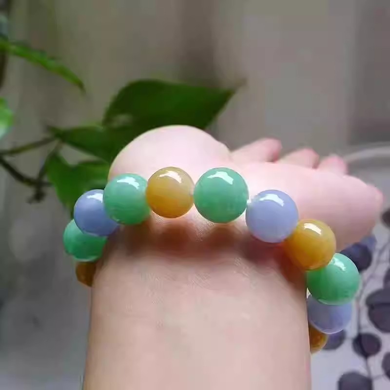 缅甸老坑翡翠色圆珠飘花多彩手串阳绿珠子飘绿男女情侣款散珠项链