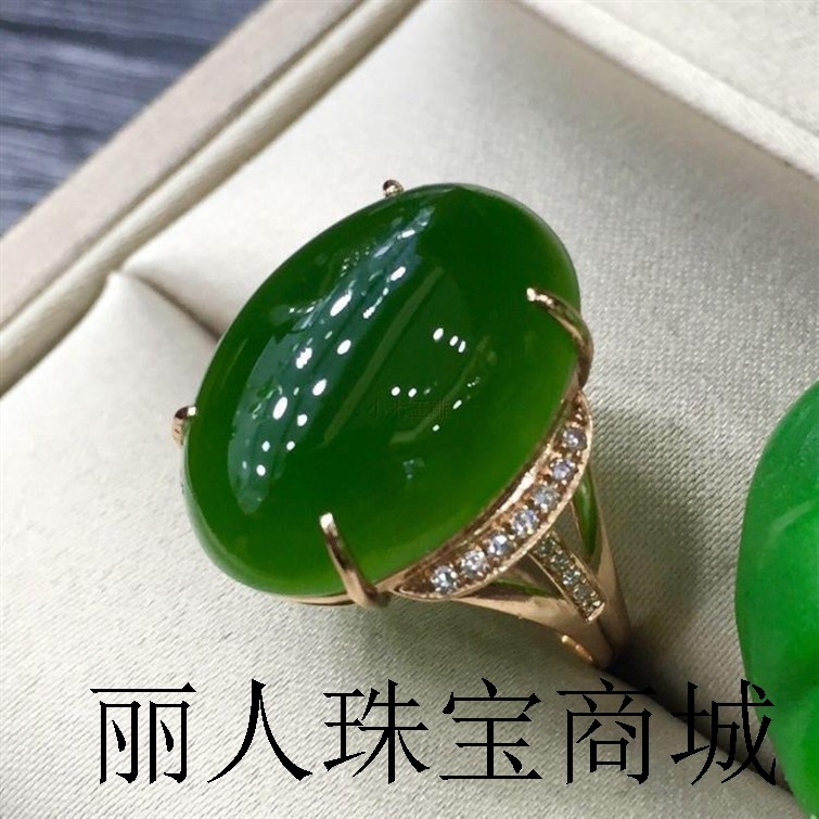 新疆和田玉戒指镶嵌碧玉菠菜绿玉石指环满绿色圆润饱满女款玉板指