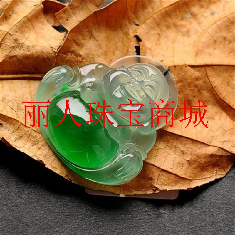 缅甸翡翠色佛吊坠高冰玻璃种弥勒大肚笑佛飘阳绿飘花透亮满绿挂件