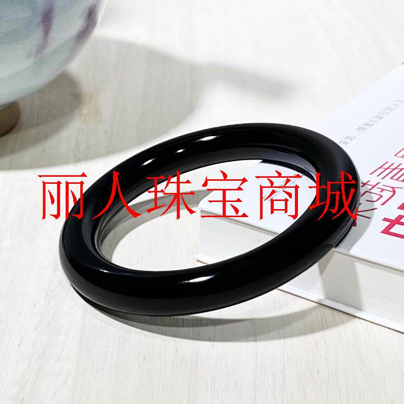 新疆和田玉墨玉青花籽料手镯墨玉圆条玉镯漆黑如墨细腻女款玉镯子