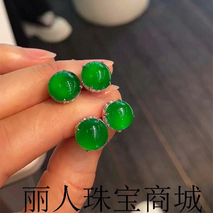 高端款经典百搭绿玉髓耳钉精选款层帝王绿媲美翡翠色耳饰白金耳针