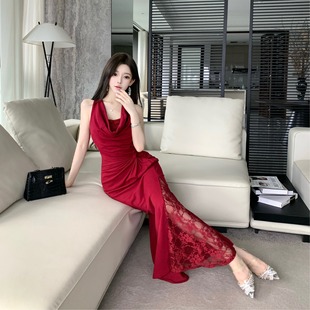 性感V领新中式 实拍红茶花蕾女人味设计感修身 国风复古气质连衣裙