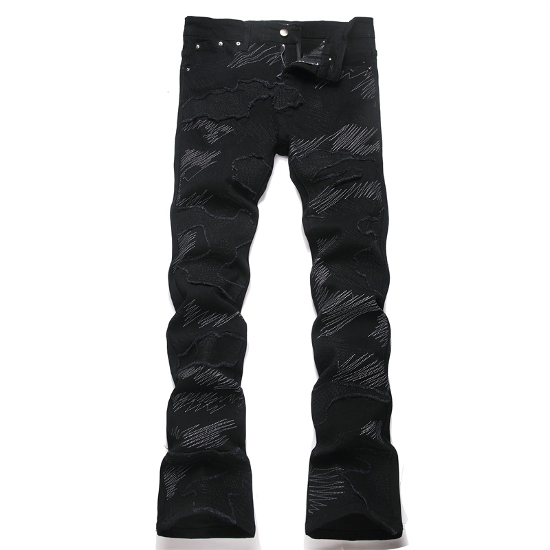 高端美式轻奢微喇叭牛仔裤男款刺绣青少年弹力修身休闲黑色长裤子