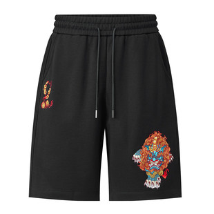 男士 子高端马裤 夏季 五分裤 潮 外穿新中式 国风貔貅刺绣休闲运动短裤