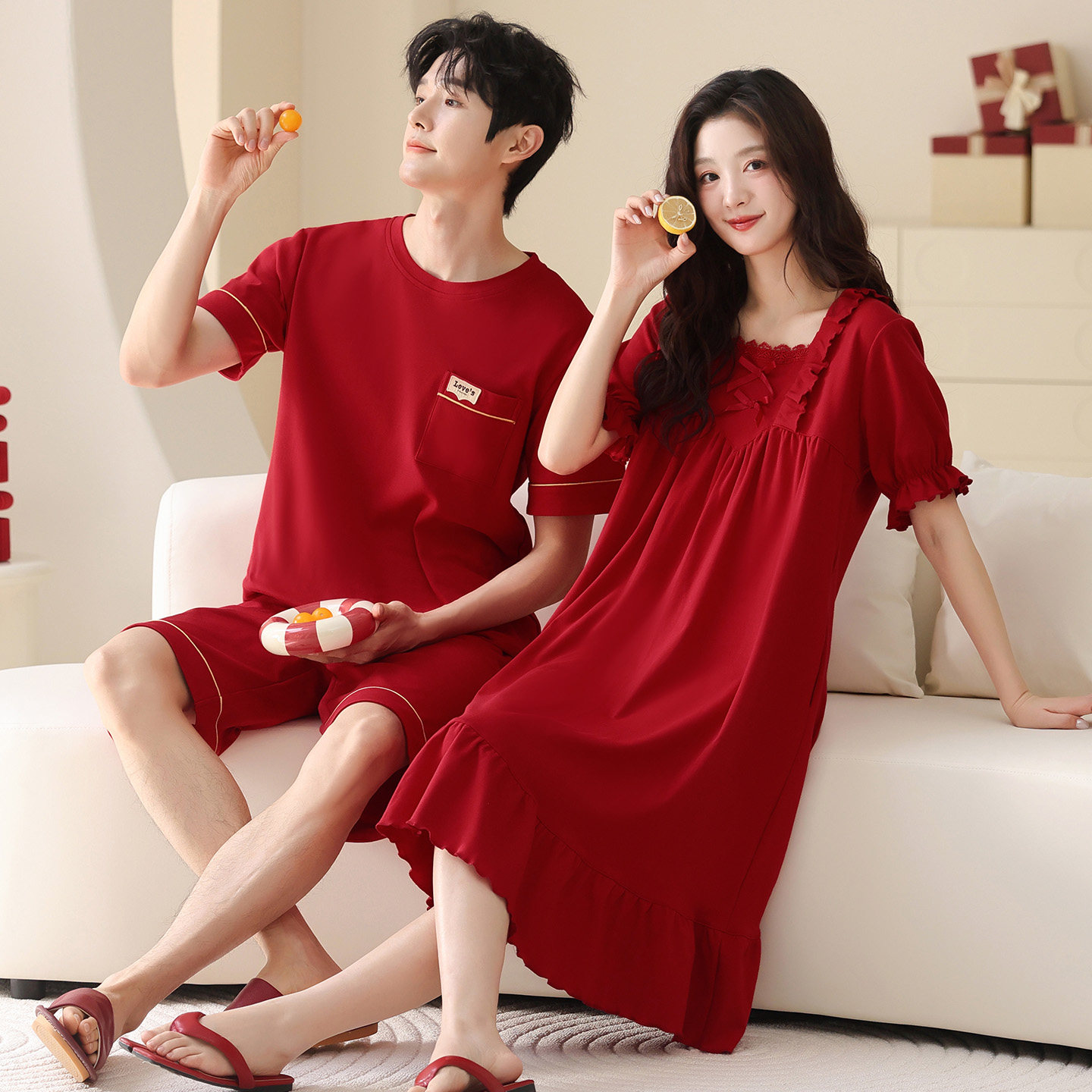 红色睡裙睡衣情侣夏季纯棉短袖女结婚本命年新婚春夏天家居服套装,女士内衣/男士内衣/家居服,睡衣/家居服套装,淘宝优惠券,粉丝福利购,淘宝优惠卷