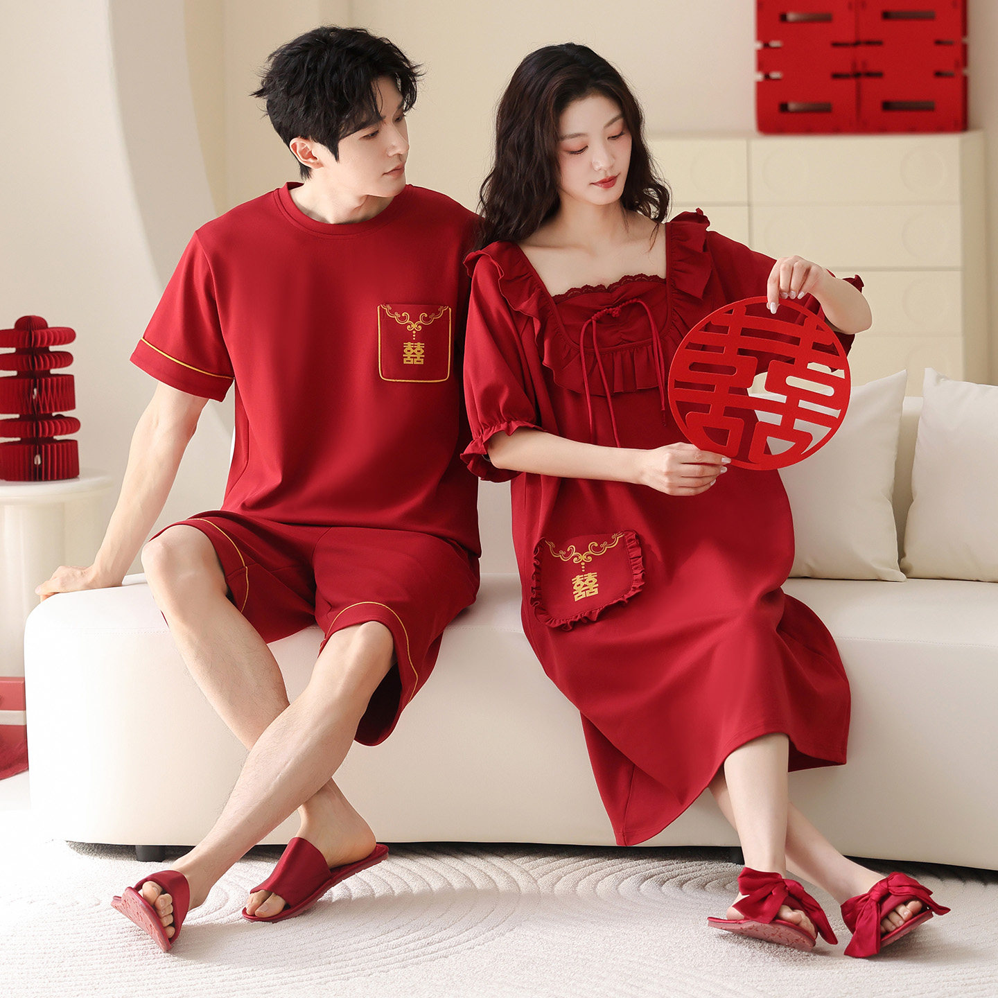 睡衣结婚新婚情侣套装纯棉短袖夏季红色喜庆婚庆本命年家居服睡裙,女士内衣/男士内衣/家居服,睡衣/家居服套装,淘宝优惠券,粉丝福利购,淘宝优惠卷