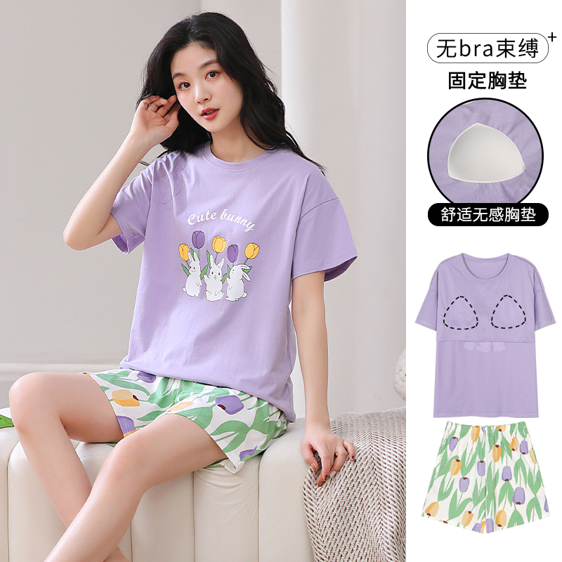 睡衣女夏季带胸垫纯棉夏款短袖短裤新款小清新外穿家居服套装夏天