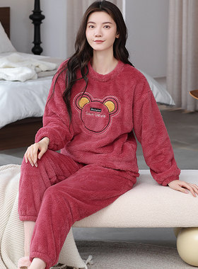 女珊瑚绒加厚加绒法兰绒女睡衣