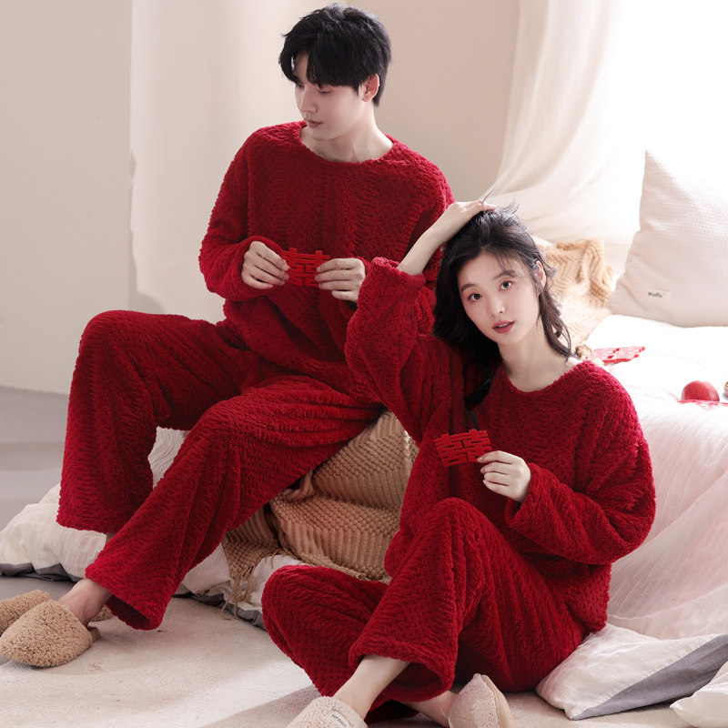 红色喜庆情侣睡衣冬季珊瑚绒加厚结婚新婚男女士法兰绒家居服套装