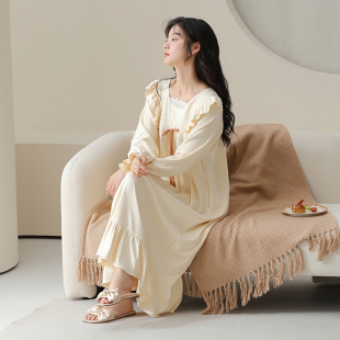 春秋季纯棉公主风长袖过膝连衣裙少女居家中长款秋天款甜美睡裙女