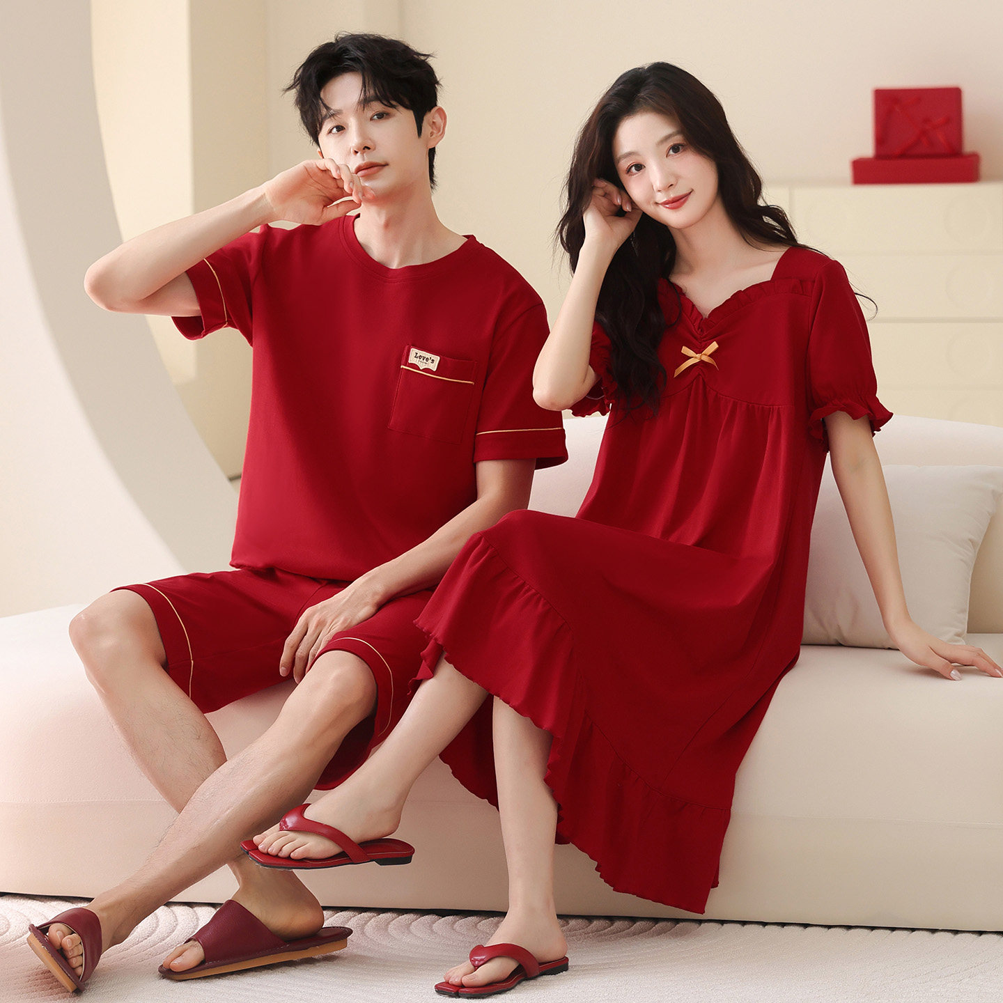 红色睡裙睡衣情侣夏季纯棉短袖女结婚本命年新婚春夏天家居服套装,女士内衣/男士内衣/家居服,睡衣/家居服套装,淘宝优惠券,粉丝福利购,淘宝优惠卷