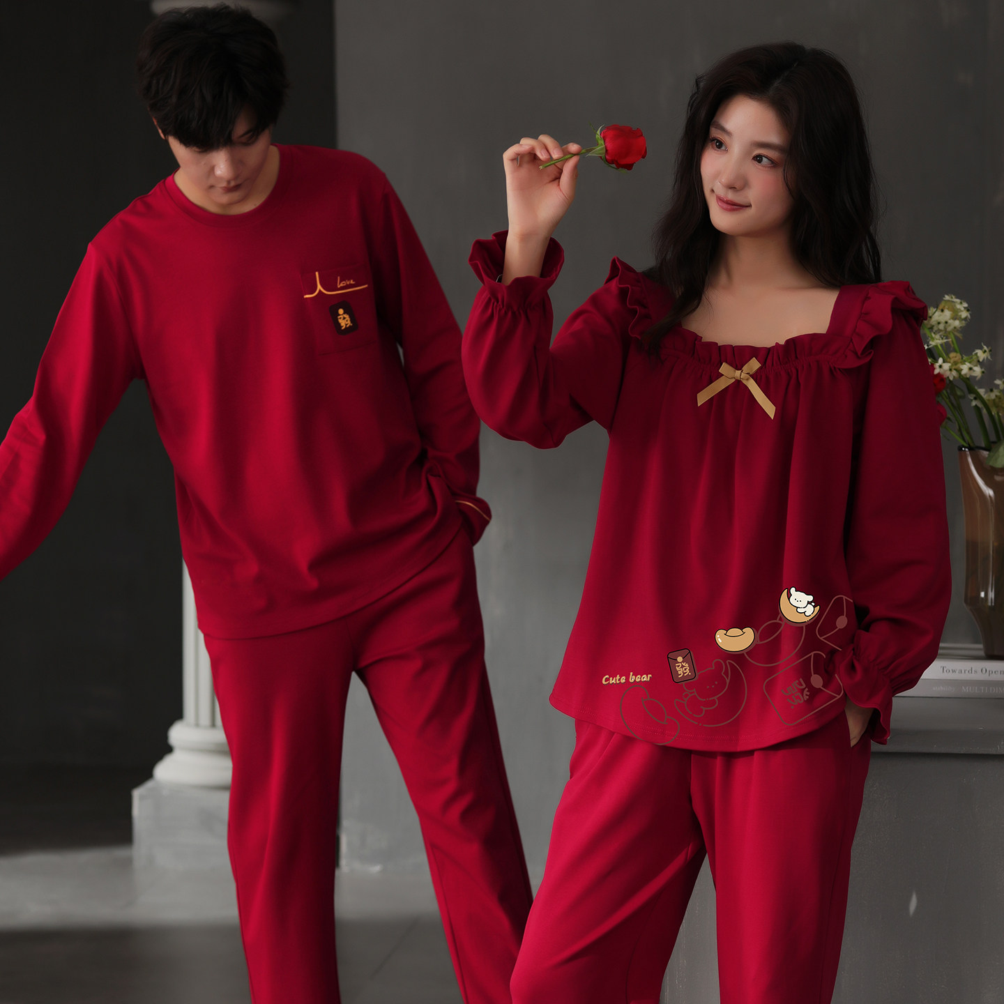 情侣纯棉睡衣女春秋季长袖韩版套头结婚本命年红色男士居家服套装,女士内衣/男士内衣/家居服,睡衣/家居服套装,淘宝优惠券,粉丝福利购,淘宝优惠卷