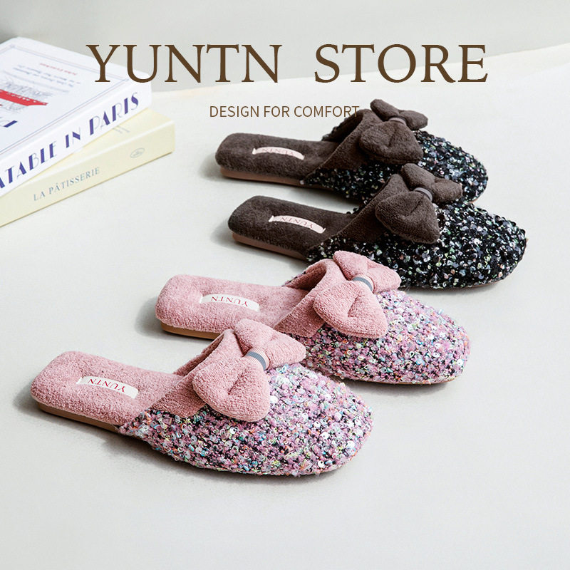 秋冬季加绒保暖棉拖鞋女士可爱蝴蝶结牛筋底防滑居家鞋甜美木地板