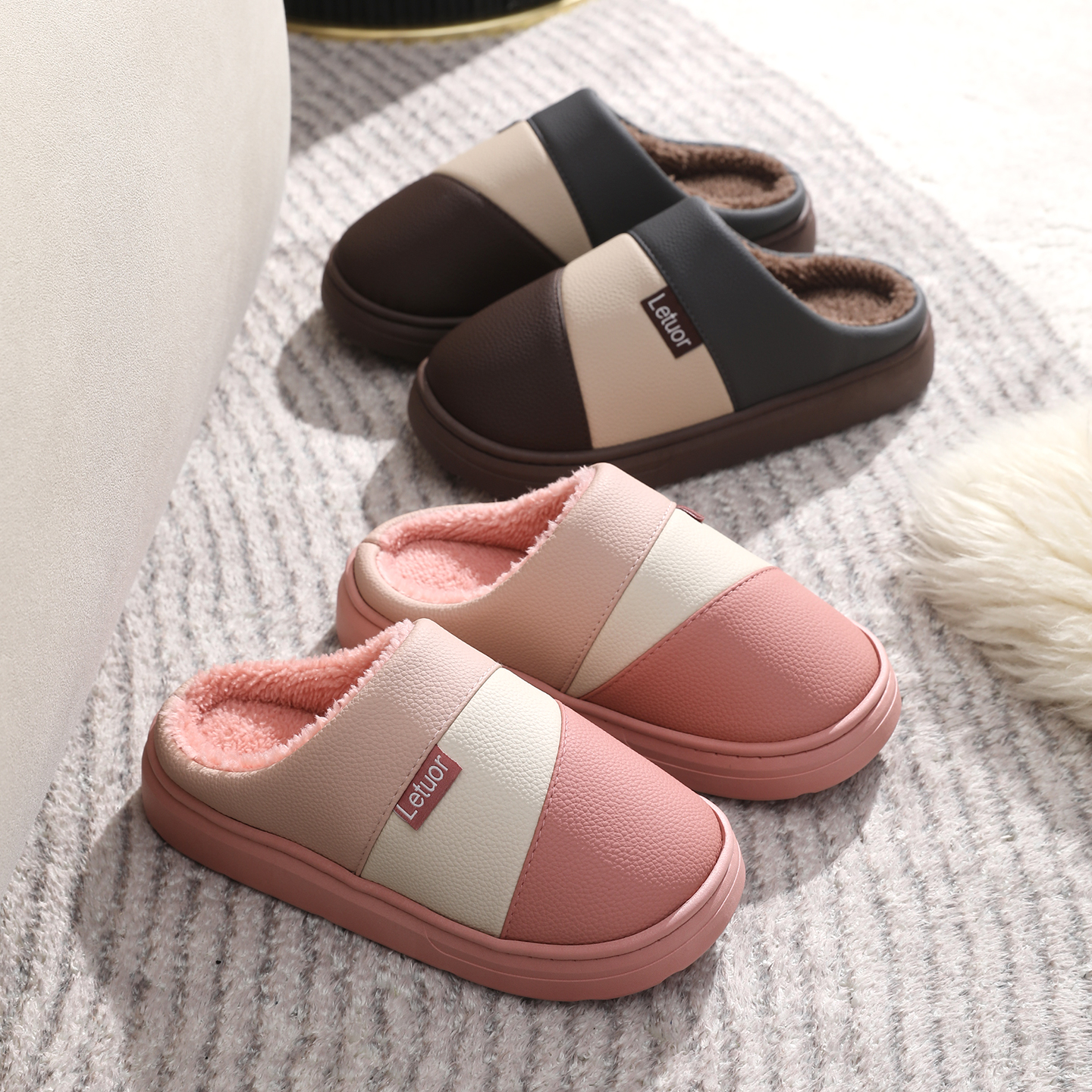 乐拖pu皮面棉拖鞋女冬季室内厚底防滑防水居家用保暖棉鞋男士外穿