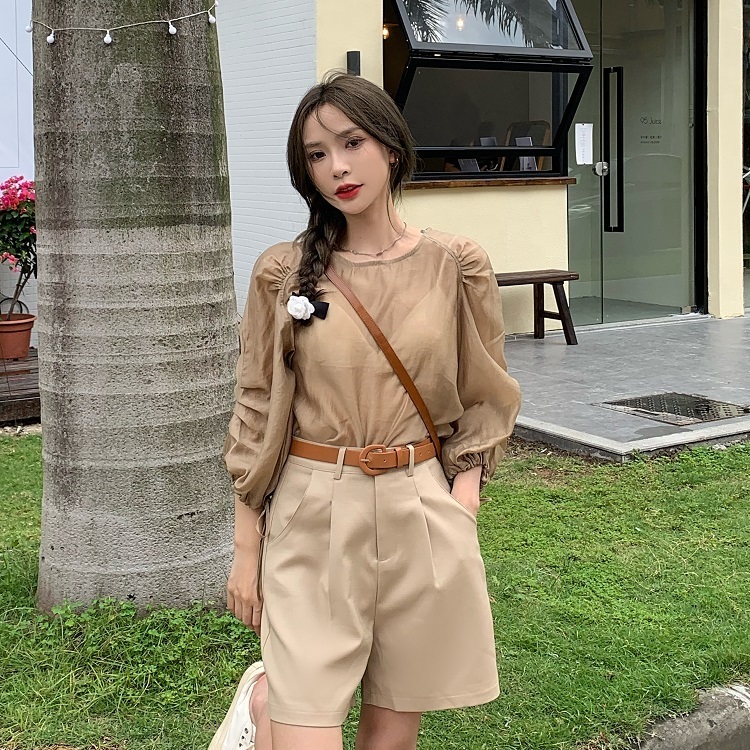 Real price design feeling pile sleeve lace up Tencel sunscreen Top + casual wide leg shorts two piece set