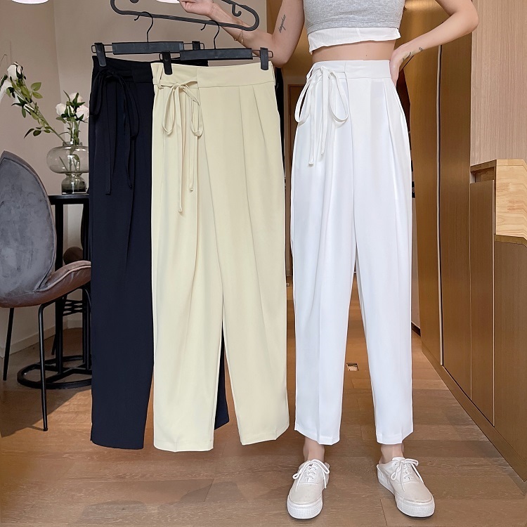 Real shot real price summer loose high waist lace up drape thin cropped straight pants suit pants