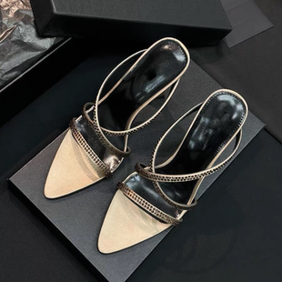 杨树林新款夏露趾交叉细带水钻高跟鞋女一字带凉鞋尖头绝美凉拖鞋