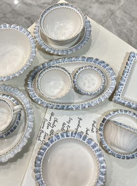 高级感！烟蓝色花边餐具系列套装牛排早餐盘西餐盘子甜品水果盘子