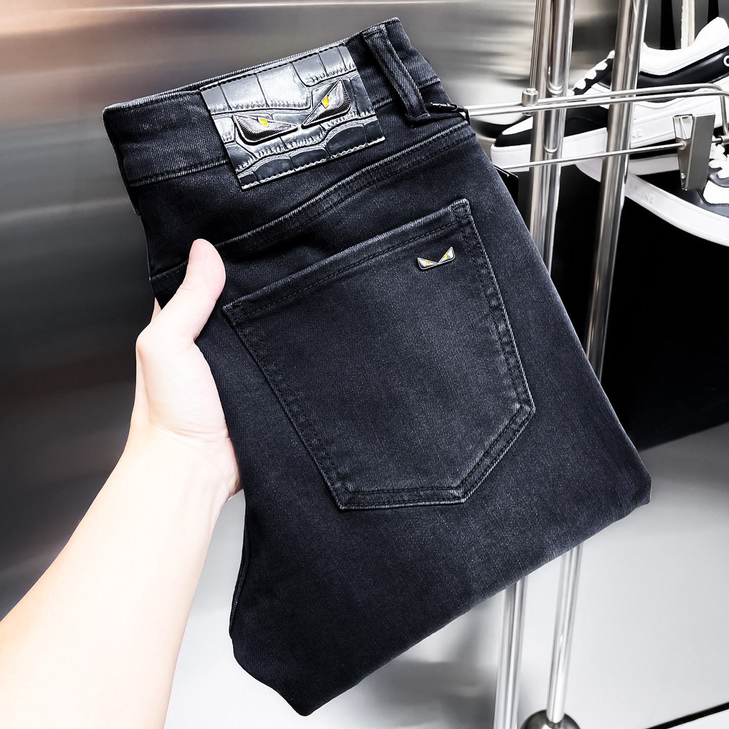 法国进口高端灰黑色牛仔裤男修身小直筒秋冬季弹力奢侈品大牌裤子