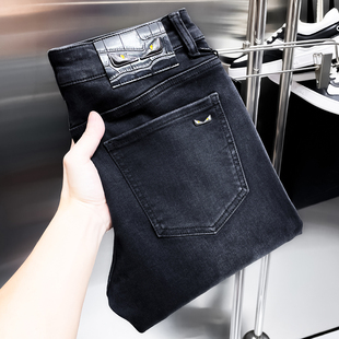 法国进口高端灰黑色牛仔裤男修身小直筒秋冬季弹力奢侈品大牌裤子
