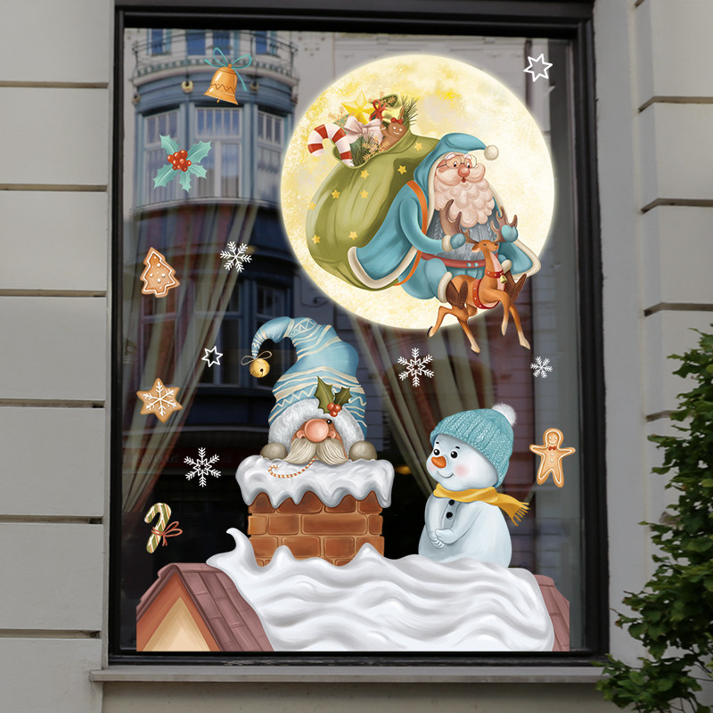 月亮和圣诞老人橱窗贴纸万圣节店铺玻璃门贴小朋友卡通贴画家用