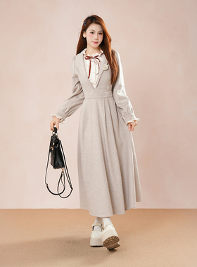 暖茶 自制法式学院风毛呢蝴蝶结荷叶边假两件灰色连衣裙秋季新款