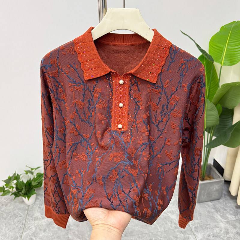 妈妈春装翻领套头衫洋气针织打底衫中老年女士春秋T恤长袖体恤衫