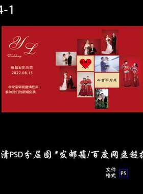 红色新中式高清婚礼照片墙婚宴迎宾区背景喷绘PSD设计图素材模板