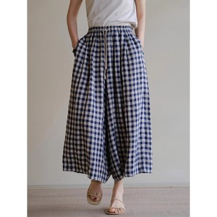 自然主义女装春夏新品100%亚麻双色色织格子休闲文艺裙裤阔腿裤女