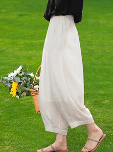 进口亚麻白色灯笼裤女夏季薄款棉麻休闲阔腿裤百搭休闲裤九分裤子