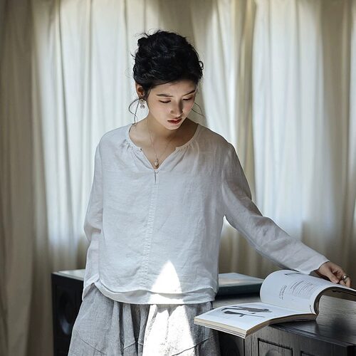 新款亚麻宽松长袖衬衫女文艺小衫