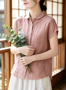 夏季棉麻纯棉短袖宽松妈妈衬衫