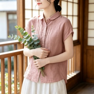 夏季棉麻纯棉短袖宽松妈妈衬衫