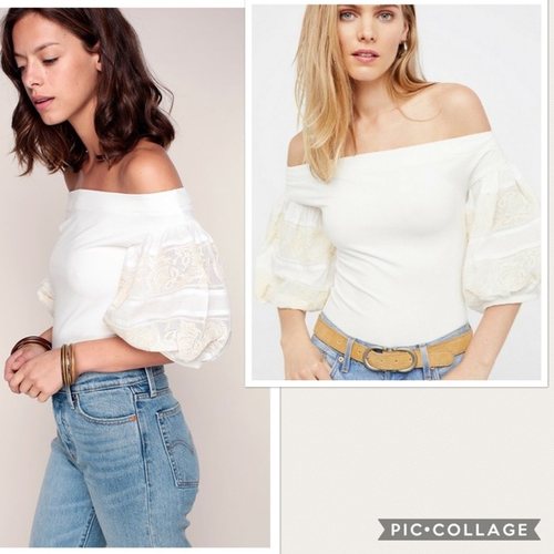 清仓一字领露肩泡泡显瘦弹力刺绣