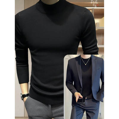 男士半高领毛衣韩版修身显瘦纯色加绒加厚保暖商务内衬打底针织衫