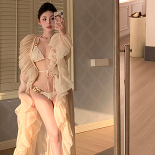 2025新款 重磅名媛风马尔代夫奶茶色比基尼+外罩衫网红度假泳衣女