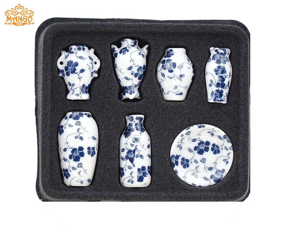1:12娃娃屋别墅dollhouse迷你陶瓷模型 花瓶瓷器饰盘7件套 中国风