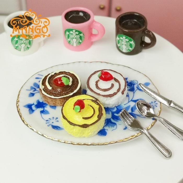 1:12娃娃屋diy森林小屋迷你树脂配件食玩 小圆形慕斯蛋糕模型袖珍